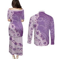 Heiva i Tahiti Couples Matching Puletasi and Long Sleeve Button Shirt Tahitian Tiare Maori Cowrie Lei Purple LT14 - Polynesian Pride