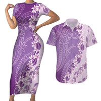 Heiva i Tahiti Couples Matching Short Sleeve Bodycon Dress and Hawaiian Shirt Tahitian Tiare Maori Cowrie Lei Purple LT14 Purple - Polynesian Pride