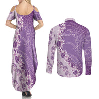 Heiva i Tahiti Couples Matching Summer Maxi Dress and Long Sleeve Button Shirt Tahitian Tiare Maori Cowrie Lei Purple LT14 - Polynesian Pride