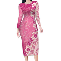 Heiva i Tahiti Family Matching Long Sleeve Bodycon Dress and Hawaiian Shirt Tahitian Tiare Maori Cowrie Lei Pink LT14 Mom's Dress Pink - Polynesian Pride