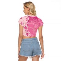 Heiva i Tahiti Raglan Cropped T Shirt Tahitian Tiare Maori Cowrie Lei Pink LT14 - Polynesian Pride