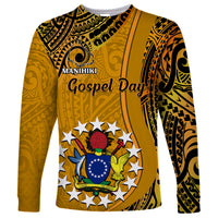 Personalised 8 August Manihiki Island Gospel Day Long Sleeve Shirt Cook Islands Tribal Pattern LT14 Unisex Gold - Polynesian Pride