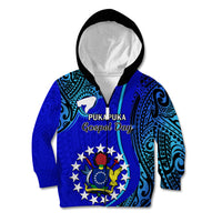 Personalised 8 December Pukapuka Island Gospel Day Kid Hoodie Cook Islands Tribal Pattern LT14 Zip Hoodie Blue - Polynesian Pride