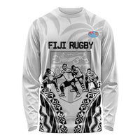 Fiji Tapa Rugby Long Sleeve Shirt Cibi Dance With Fijian Pattern LT14 Unisex White - Polynesian Pride