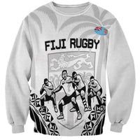 Fiji Tapa Rugby Sweatshirt Cibi Dance With Fijian Pattern LT14 Unisex White - Polynesian Pride