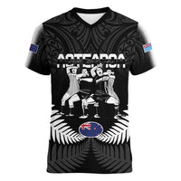 New Zealand And Fiji Tapa Rugby Women V-Neck T-Shirt Haka Dance Mix Cibi Dance Together