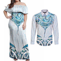 New Zealand Manta Ray Tattoo Couples Matching Off Shoulder Maxi Dress and Long Sleeve Button Shirt Aotearoa Maori Haehae Paua Shell LT14 White - Polynesian Pride