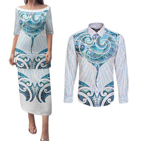 New Zealand Manta Ray Tattoo Couples Matching Puletasi and Long Sleeve Button Shirt Aotearoa Maori Haehae Paua Shell LT14 White - Polynesian Pride