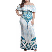 New Zealand Manta Ray Tattoo Family Matching Off Shoulder Maxi Dress and Hawaiian Shirt Aotearoa Maori Haehae Paua Shell LT14 Mom's Dress White - Polynesian Pride