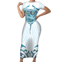 New Zealand Manta Ray Tattoo Family Matching Short Sleeve Bodycon Dress and Hawaiian Shirt Aotearoa Maori Haehae Paua Shell LT14 Mom's Dress White - Polynesian Pride