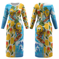 Aloha Hawaii Summer Couples Matching Long Sleeve Bodycon Dress and Long Sleeve Button Shirt Hawaiian Lei Surfing Mango Palaka Motifs