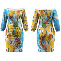 Aloha Hawaii Summer Couples Matching Off The Shoulder Long Sleeve Dress and Hawaiian Shirt Hawaiian Lei Surfing Mango Palaka Motifs
