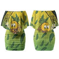 Hawaii Surfing Mango Couples Matching Off Shoulder Short Dress and Long Sleeve Button Shirt Manako Polynesian Fish Hook
