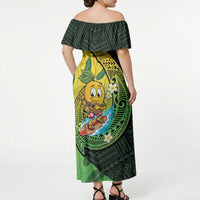 Hawaii Surfing Mango Off Shoulder Maxi Dress Manako Polynesian Fish Hook