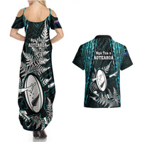 New Zealand Silver Fern Rugby Couples Matching Summer Maxi Dress and Hawaiian Shirt Aotearoa All Black Dabbing Ball With Maori Paua Shell LT14 - Polynesian Pride