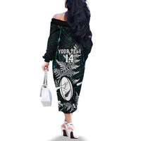 Custom New Zealand Silver Fern Rugby Family Matching Off Shoulder Long Sleeve Dress and Hawaiian Shirt Aotearoa All Black Dabbing Ball With Maori Paua Shell LT14 - Polynesian Pride