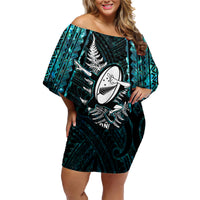 Custom New Zealand Silver Fern Rugby Family Matching Off Shoulder Short Dress and Hawaiian Shirt Aotearoa All Black Dabbing Ball With Maori Paua Shell LT14 Mom's Dress Turquoise - Polynesian Pride