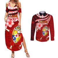 Tonga Rugby Couples Matching Summer Maxi Dress and Long Sleeve Button Shirts Ikale Tahi Tongan Ngatu Pattern With Dabbing Ball LT14 Red - Polynesian Pride