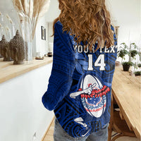 Custom Samoa Rugby Women Casual Shirt Manu Samoa Ula Fala Dabbing Ball Polynesian Blue Version LT14 - Polynesian Pride