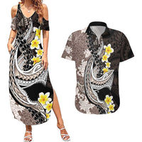 Brown and Black Hawaii Shark Tattoo Couples Matching Summer Maxi Dress and Hawaiian Shirt Puakenikeni Lei Plumeria Polynesian Pattern - Polynesian Pride