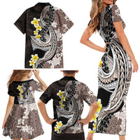 Brown and Black Hawaii Shark Tattoo Family Matching Short Sleeve Bodycon Dress and Hawaiian Shirt Puakenikeni Lei Plumeria Polynesian Pattern - Polynesian Pride