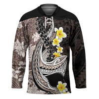 Brown and Black Hawaii Shark Tattoo Hockey Jersey Puakenikeni Lei Plumeria Polynesian Pattern LT14 Unisex Black - Polynesian Pride