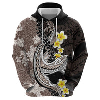 Brown and Black Hawaii Shark Tattoo Hoodie Puakenikeni Lei Plumeria Polynesian Pattern - Polynesian Pride