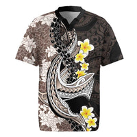 Brown and Black Hawaii Shark Tattoo Rugby Jersey Puakenikeni Lei Plumeria Polynesian Pattern - Polynesian Pride