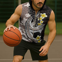 Brown and Black Hawaii Shark Tattoo Sleeveless Zip Hoodie Puakenikeni Lei Plumeria Polynesian Pattern - Polynesian Pride