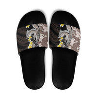 Brown and Black Hawaii Shark Tattoo Slide Sandals Puakenikeni Lei Plumeria Polynesian Pattern - Polynesian Pride
