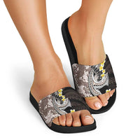 Brown and Black Hawaii Shark Tattoo Slide Sandals Puakenikeni Lei Plumeria Polynesian Pattern - Polynesian Pride