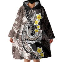 Brown and Black Hawaii Shark Tattoo Wearable Blanket Hoodie Puakenikeni Lei Plumeria Polynesian Pattern - Polynesian Pride