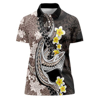 Brown and Black Hawaii Shark Tattoo Women Polo Shirt Puakenikeni Lei Plumeria Polynesian Pattern - Polynesian Pride