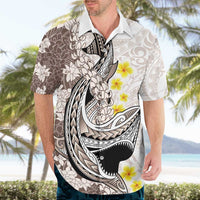 Brown and White Hawaii Shark Tattoo Hawaiian Shirt Puakenikeni Lei Plumeria Polynesian Pattern LT14 - Polynesian Pride