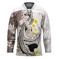 Brown and White Hawaii Shark Tattoo Hockey Jersey Puakenikeni Lei Plumeria Polynesian Pattern LT14 Unisex White - Polynesian Pride