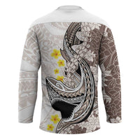 Brown and White Hawaii Shark Tattoo Hockey Jersey Puakenikeni Lei Plumeria Polynesian Pattern LT14 - Polynesian Pride