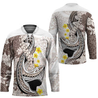 Brown and White Hawaii Shark Tattoo Hockey Jersey Puakenikeni Lei Plumeria Polynesian Pattern LT14 - Polynesian Pride