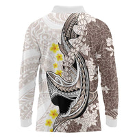 Brown and White Hawaii Shark Tattoo Long Sleeve Polo Shirt Puakenikeni Lei Plumeria Polynesian Pattern - Polynesian Pride