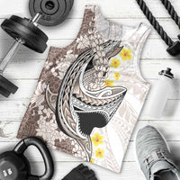 Brown and White Hawaii Shark Tattoo Men Tank Top Puakenikeni Lei Plumeria Polynesian Pattern - Polynesian Pride