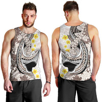 Brown and White Hawaii Shark Tattoo Men Tank Top Puakenikeni Lei Plumeria Polynesian Pattern - Polynesian Pride