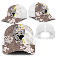 Brown and White Hawaii Shark Tattoo Mesh Trucker Cap Puakenikeni Lei Plumeria Polynesian Pattern - Polynesian Pride