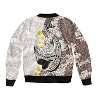 Brown and White Hawaii Shark Tattoo Sleeve Zip Bomber Jacket Puakenikeni Lei Plumeria Polynesian Pattern - Polynesian Pride