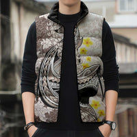 Brown and White Hawaii Shark Tattoo Sleeveless Puffer Jacket Puakenikeni Lei Plumeria Polynesian Pattern - Polynesian Pride