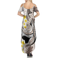 Brown and White Hawaii Shark Tattoo Summer Maxi Dress Puakenikeni Lei Plumeria Polynesian Pattern - Polynesian Pride
