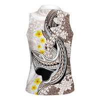 Brown and White Hawaii Shark Tattoo Women Sleeveless Polo Shirt Puakenikeni Lei Plumeria Polynesian Pattern - Polynesian Pride