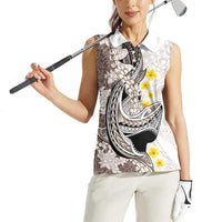 Brown and White Hawaii Shark Tattoo Women Sleeveless Polo Shirt Puakenikeni Lei Plumeria Polynesian Pattern - Polynesian Pride