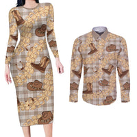 Khaki Palaka Hawaii Cowboy Couples Matching Long Sleeve Bodycon Dress and Long Sleeve Button Shirt Puakenikeni Lei Paniolo Papale Seamless Vibes - Polynesian Pride