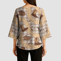 Khaki Palaka Hawaii Cowboy Kimono Sleeve Blouse Puakenikeni Lei Paniolo Papale Seamless Vibes - Polynesian Pride