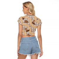 Khaki Palaka Hawaii Cowboy Raglan Cropped T Shirt Puakenikeni Lei Paniolo Papale Seamless Vibes LT14 - Polynesian Pride
