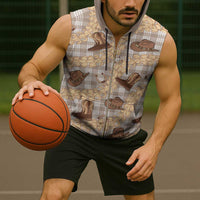 Khaki Palaka Hawaii Cowboy Sleeveless Zip Hoodie Puakenikeni Lei Paniolo Papale Seamless Vibes - Polynesian Pride